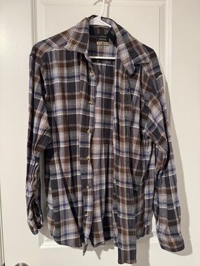 Cotton Traders Men's Brown & Blue Plaid Casual Button-Down Shirt